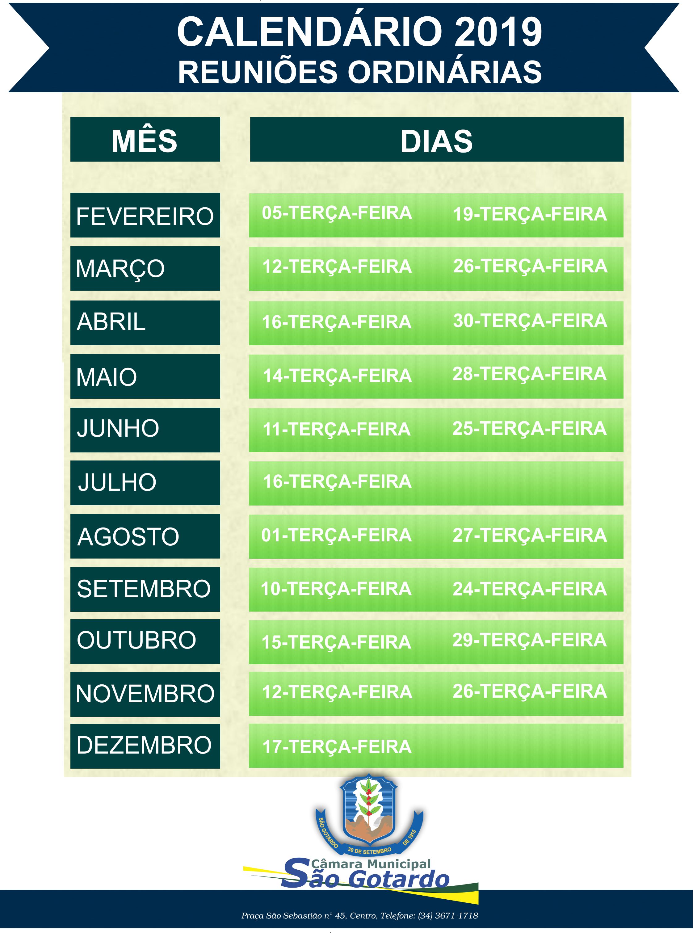 Calendário das Sessões Ordinárias 2019